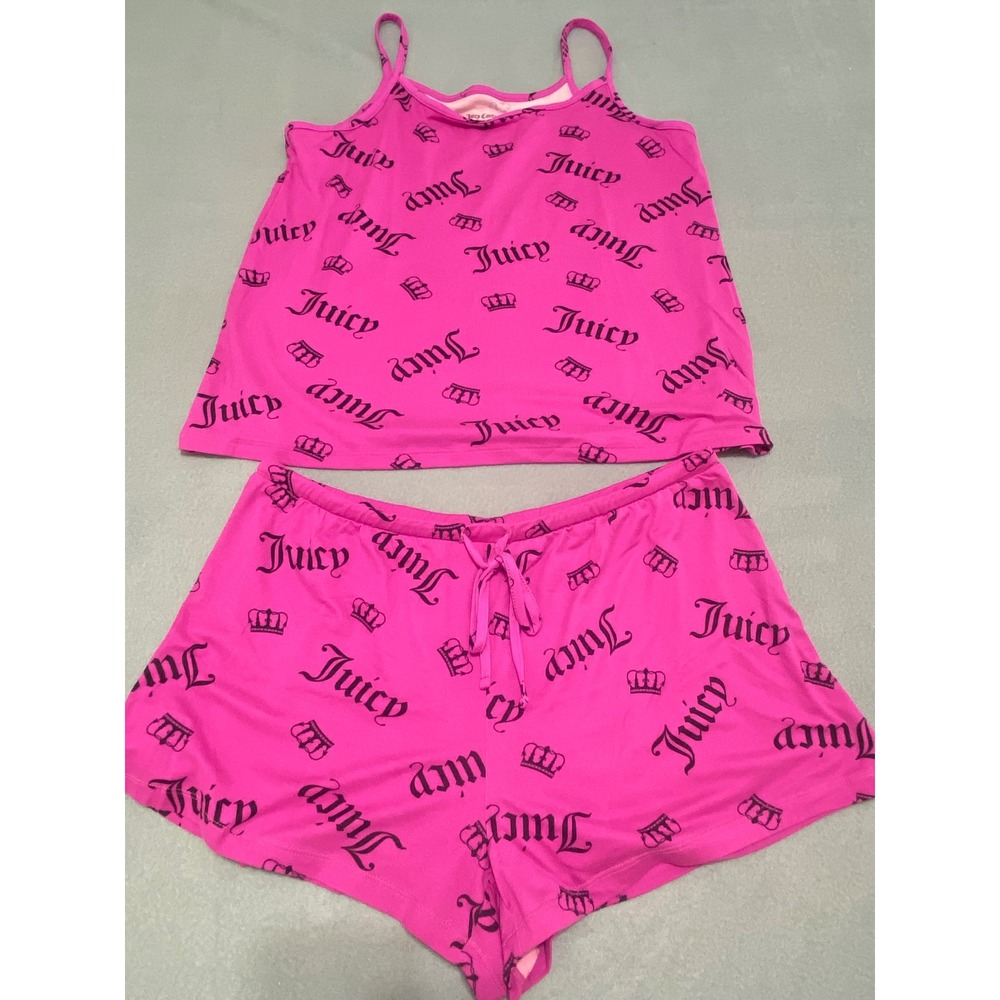 Juicy Couture Pink Black Logo Crown Pajama Set Camisole Shorts Lβ 1343-118